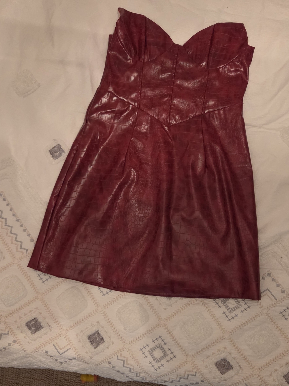Strapless Burgundy Faux-Croc Mini Dress